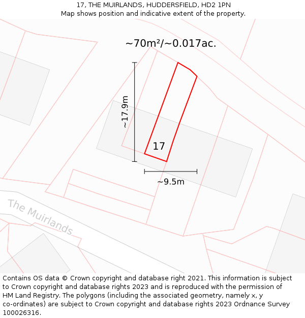 17, THE MUIRLANDS, HUDDERSFIELD, HD2 1PN: Plot and title map