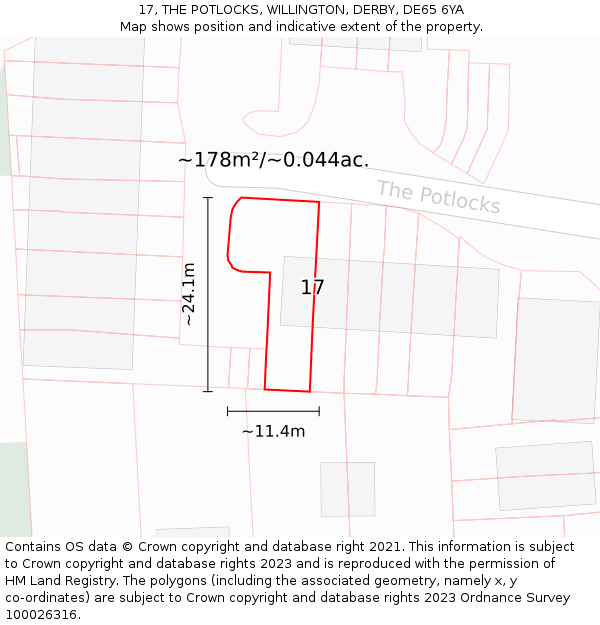 17, THE POTLOCKS, WILLINGTON, DERBY, DE65 6YA: Plot and title map