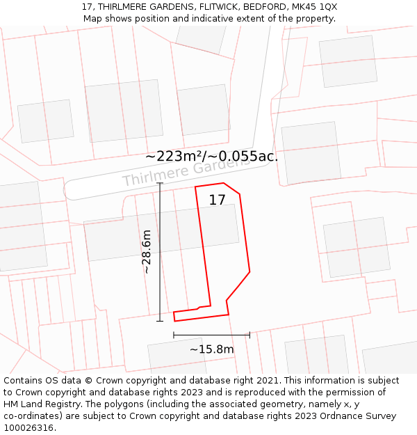 17, THIRLMERE GARDENS, FLITWICK, BEDFORD, MK45 1QX: Plot and title map