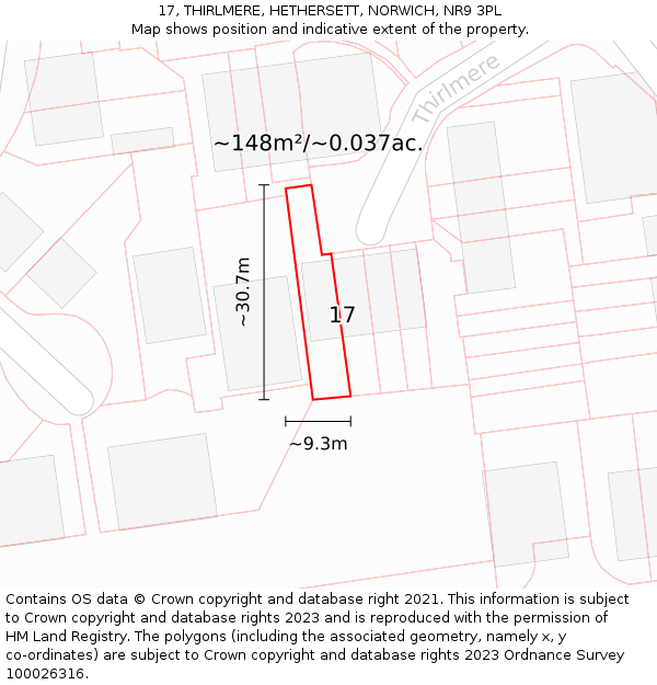 17, THIRLMERE, HETHERSETT, NORWICH, NR9 3PL: Plot and title map