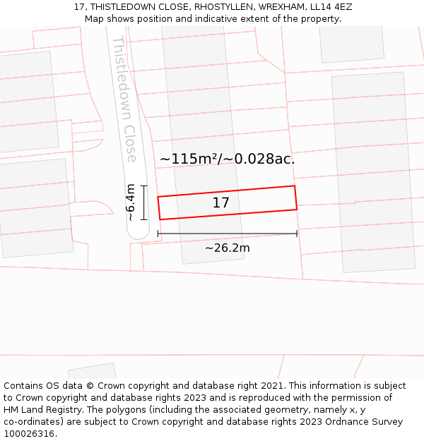 17, THISTLEDOWN CLOSE, RHOSTYLLEN, WREXHAM, LL14 4EZ: Plot and title map