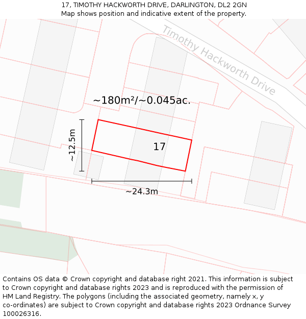 17, TIMOTHY HACKWORTH DRIVE, DARLINGTON, DL2 2GN: Plot and title map