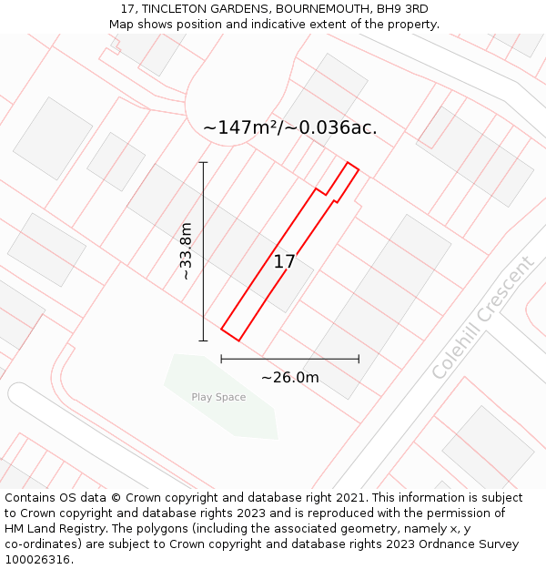 17, TINCLETON GARDENS, BOURNEMOUTH, BH9 3RD: Plot and title map