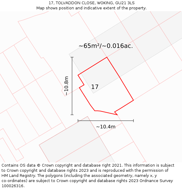 17, TOLVADDON CLOSE, WOKING, GU21 3LS: Plot and title map