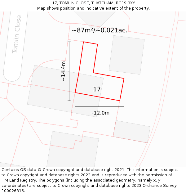 17, TOMLIN CLOSE, THATCHAM, RG19 3XY: Plot and title map