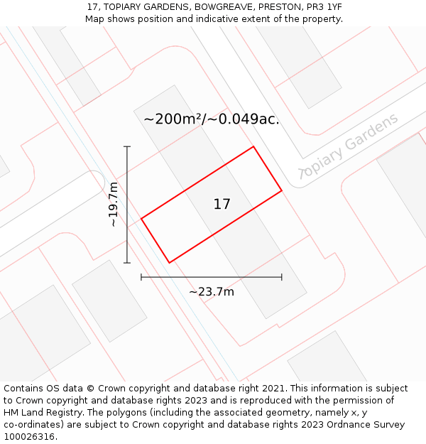 17, TOPIARY GARDENS, BOWGREAVE, PRESTON, PR3 1YF: Plot and title map