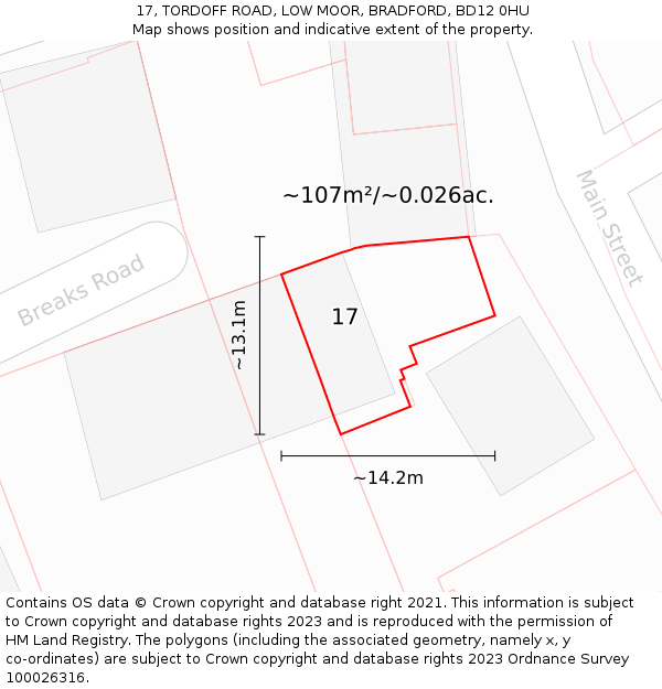 17, TORDOFF ROAD, LOW MOOR, BRADFORD, BD12 0HU: Plot and title map