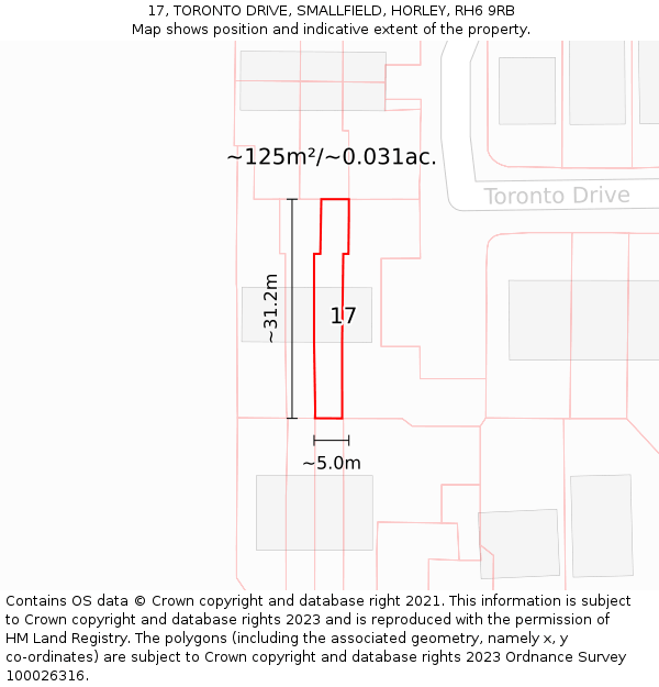 17, TORONTO DRIVE, SMALLFIELD, HORLEY, RH6 9RB: Plot and title map