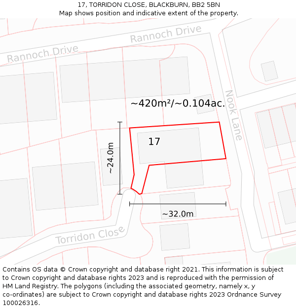 17, TORRIDON CLOSE, BLACKBURN, BB2 5BN: Plot and title map