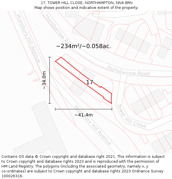 17, TOWER HILL CLOSE, NORTHAMPTON, NN4 8RN: Plot and title map