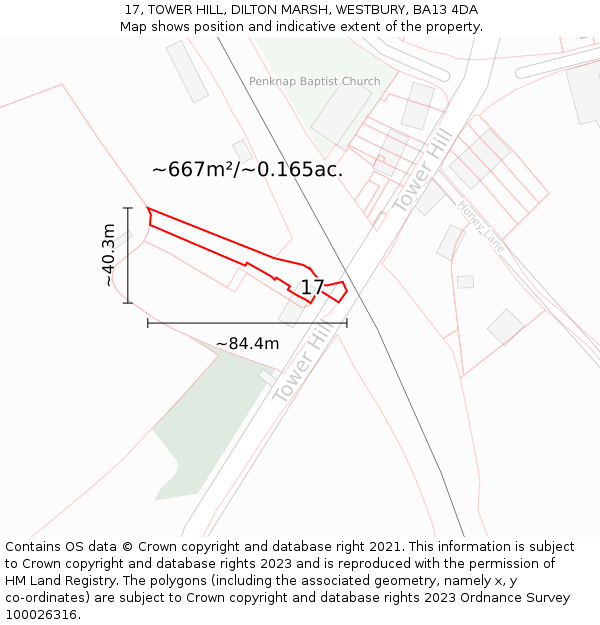 17, TOWER HILL, DILTON MARSH, WESTBURY, BA13 4DA: Plot and title map