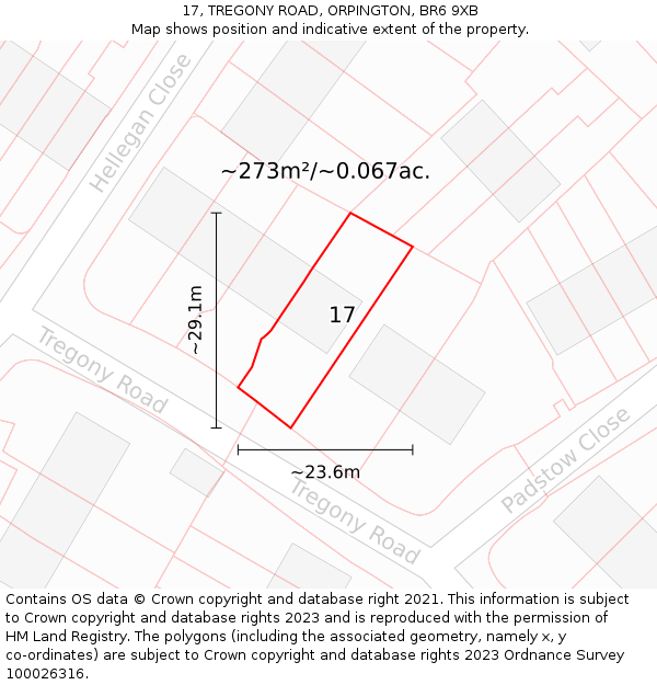 17, TREGONY ROAD, ORPINGTON, BR6 9XB: Plot and title map