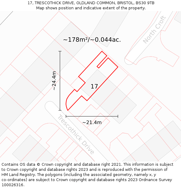 17, TRESCOTHICK DRIVE, OLDLAND COMMON, BRISTOL, BS30 9TB: Plot and title map