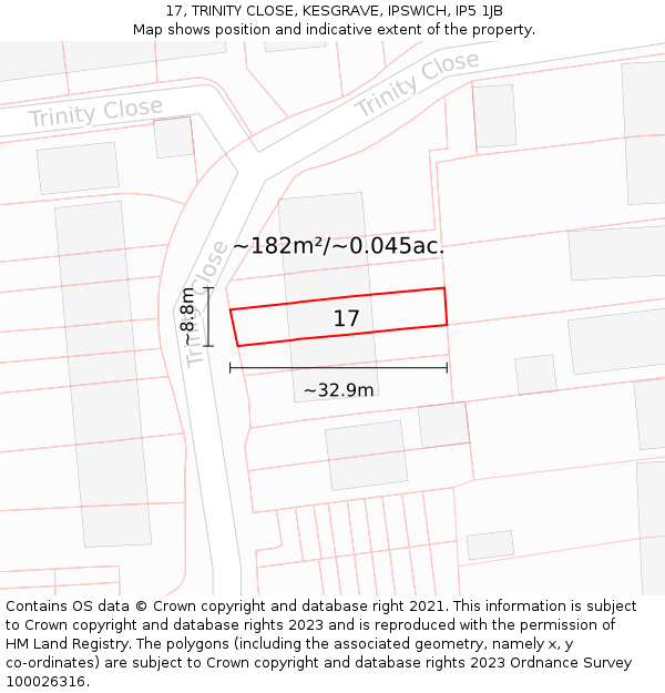 17, TRINITY CLOSE, KESGRAVE, IPSWICH, IP5 1JB: Plot and title map