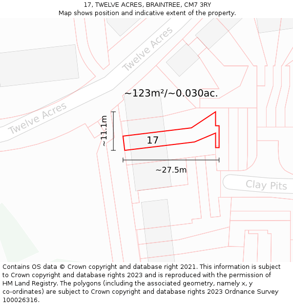 17, TWELVE ACRES, BRAINTREE, CM7 3RY: Plot and title map