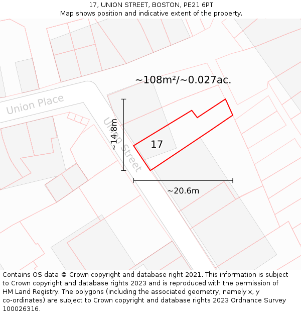 17, UNION STREET, BOSTON, PE21 6PT: Plot and title map