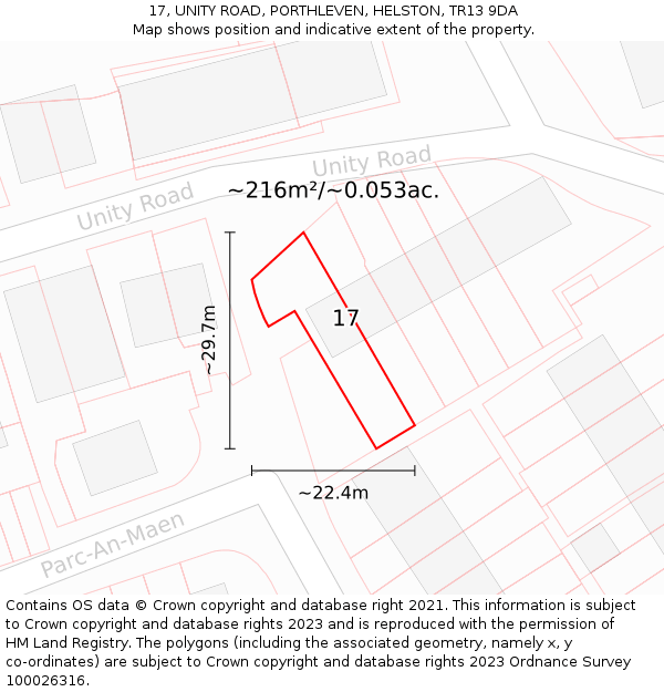 17, UNITY ROAD, PORTHLEVEN, HELSTON, TR13 9DA: Plot and title map
