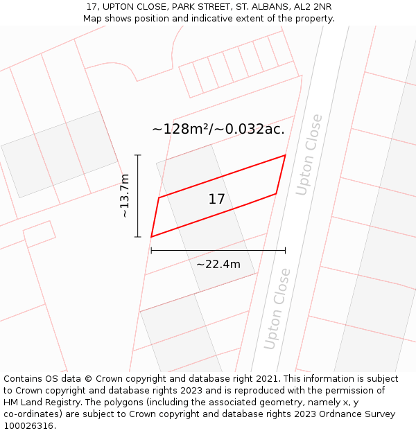 17, UPTON CLOSE, PARK STREET, ST. ALBANS, AL2 2NR: Plot and title map