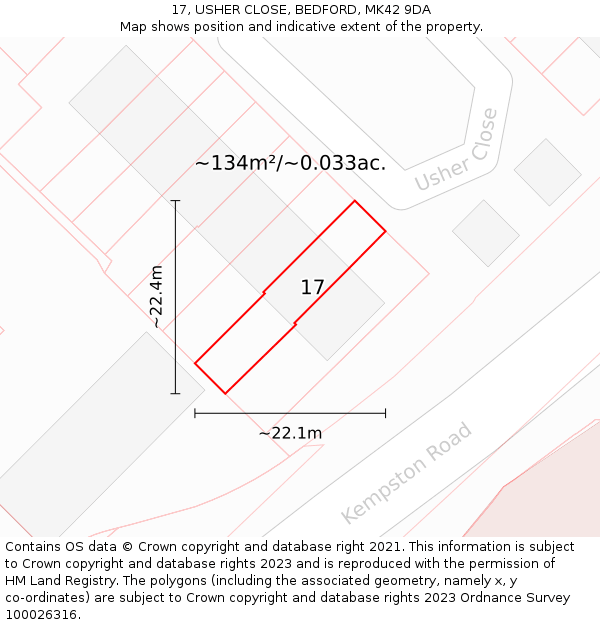 17, USHER CLOSE, BEDFORD, MK42 9DA: Plot and title map
