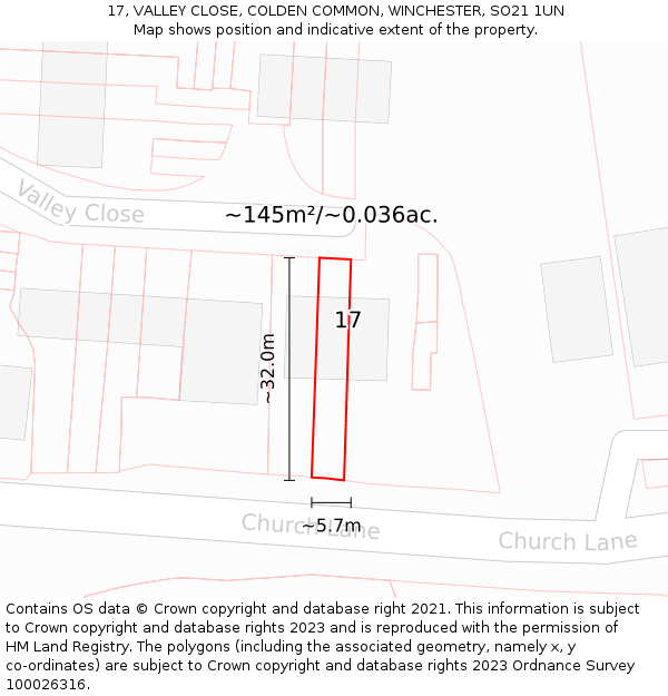 17, VALLEY CLOSE, COLDEN COMMON, WINCHESTER, SO21 1UN: Plot and title map
