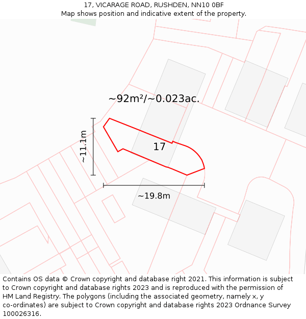 17, VICARAGE ROAD, RUSHDEN, NN10 0BF: Plot and title map