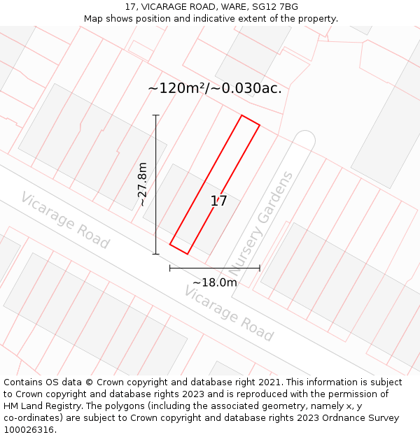 17, VICARAGE ROAD, WARE, SG12 7BG: Plot and title map