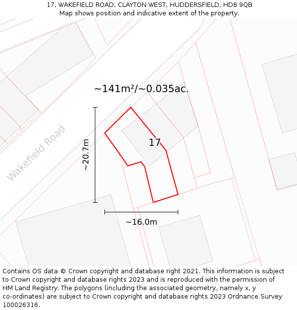 17, WAKEFIELD ROAD, CLAYTON WEST, HUDDERSFIELD, HD8 9QB: Plot and title map