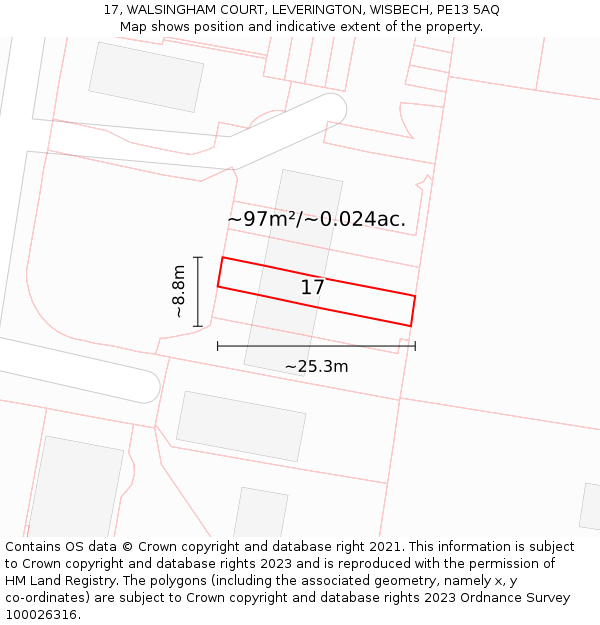 17, WALSINGHAM COURT, LEVERINGTON, WISBECH, PE13 5AQ: Plot and title map