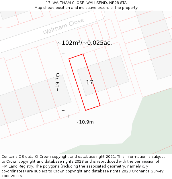 17, WALTHAM CLOSE, WALLSEND, NE28 8TA: Plot and title map