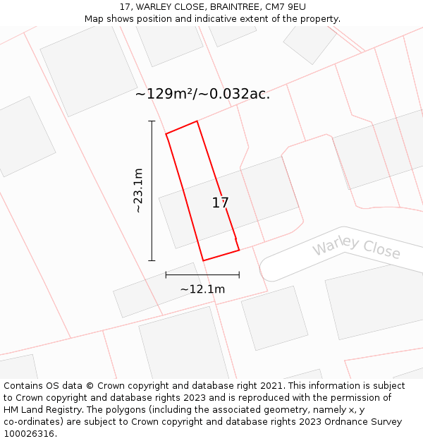 17, WARLEY CLOSE, BRAINTREE, CM7 9EU: Plot and title map