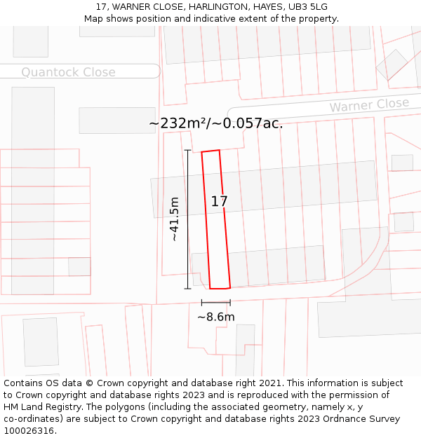 17, WARNER CLOSE, HARLINGTON, HAYES, UB3 5LG: Plot and title map