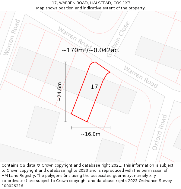 17, WARREN ROAD, HALSTEAD, CO9 1XB: Plot and title map