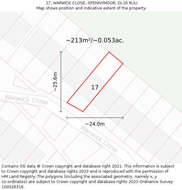 17, WARWICK CLOSE, SPENNYMOOR, DL16 6UU: Plot and title map