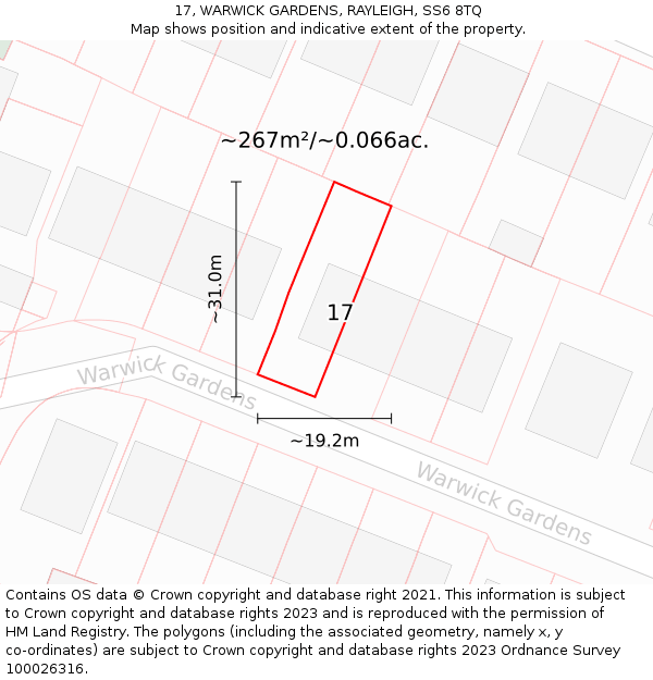 17, WARWICK GARDENS, RAYLEIGH, SS6 8TQ: Plot and title map