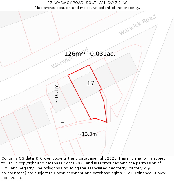 17, WARWICK ROAD, SOUTHAM, CV47 0HW: Plot and title map