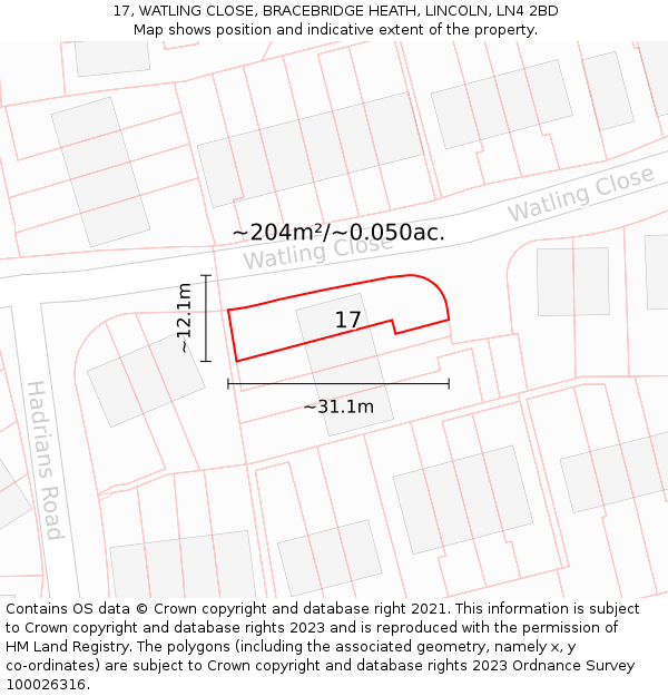 17, WATLING CLOSE, BRACEBRIDGE HEATH, LINCOLN, LN4 2BD: Plot and title map