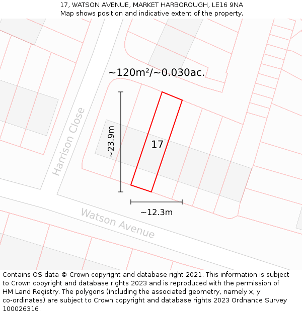 17, WATSON AVENUE, MARKET HARBOROUGH, LE16 9NA: Plot and title map