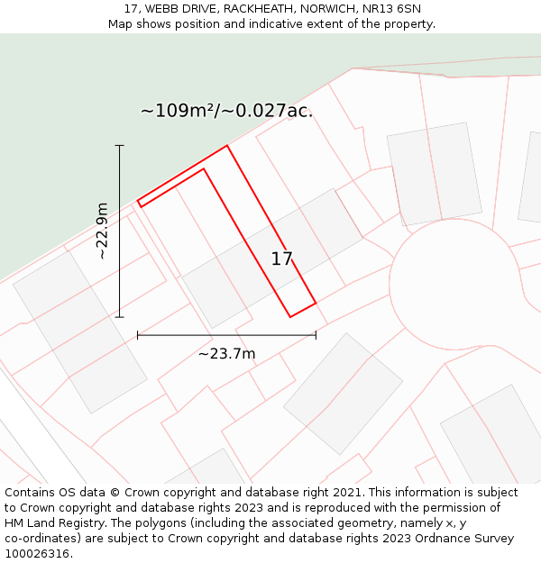 17, WEBB DRIVE, RACKHEATH, NORWICH, NR13 6SN: Plot and title map