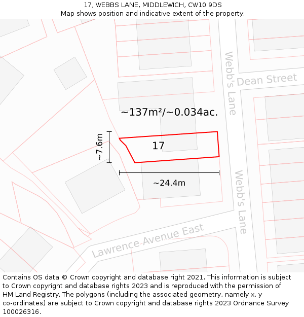 17, WEBBS LANE, MIDDLEWICH, CW10 9DS: Plot and title map