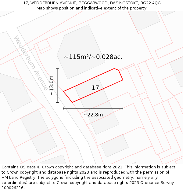 17, WEDDERBURN AVENUE, BEGGARWOOD, BASINGSTOKE, RG22 4QG: Plot and title map