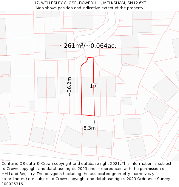 17, WELLESLEY CLOSE, BOWERHILL, MELKSHAM, SN12 6XT: Plot and title map