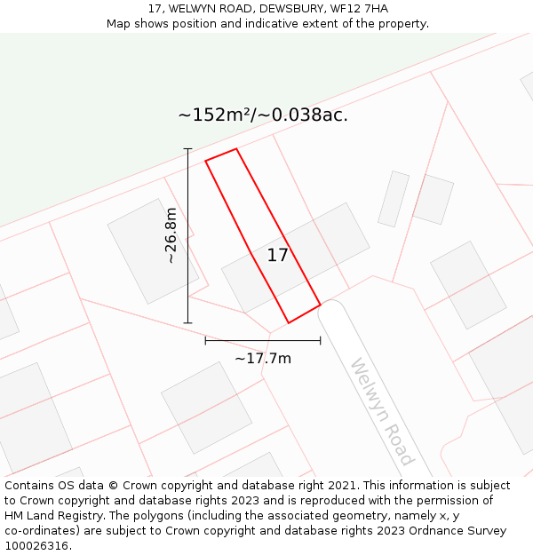 17, WELWYN ROAD, DEWSBURY, WF12 7HA: Plot and title map