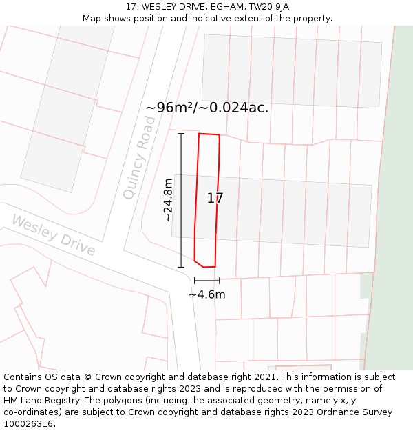 17, WESLEY DRIVE, EGHAM, TW20 9JA: Plot and title map