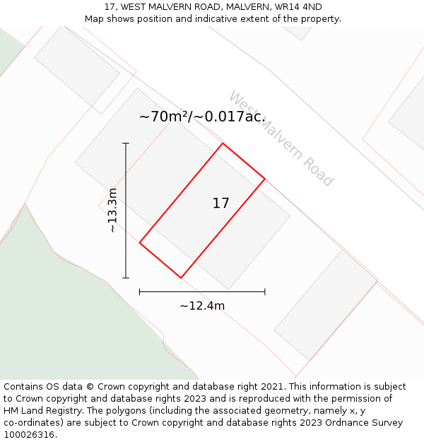 17, WEST MALVERN ROAD, MALVERN, WR14 4ND: Plot and title map