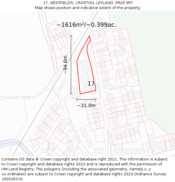 17, WESTFIELDS, CROSTON, LEYLAND, PR26 9RT: Plot and title map