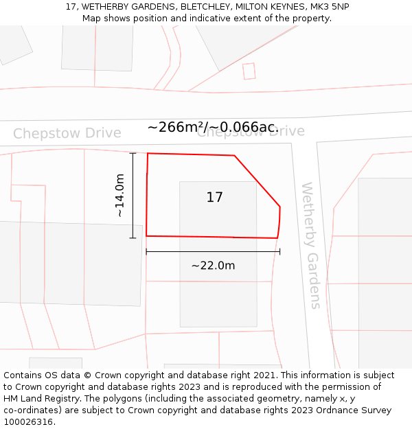 17, WETHERBY GARDENS, BLETCHLEY, MILTON KEYNES, MK3 5NP: Plot and title map