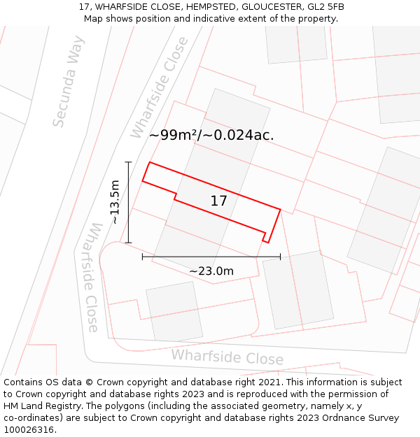 17, WHARFSIDE CLOSE, HEMPSTED, GLOUCESTER, GL2 5FB: Plot and title map