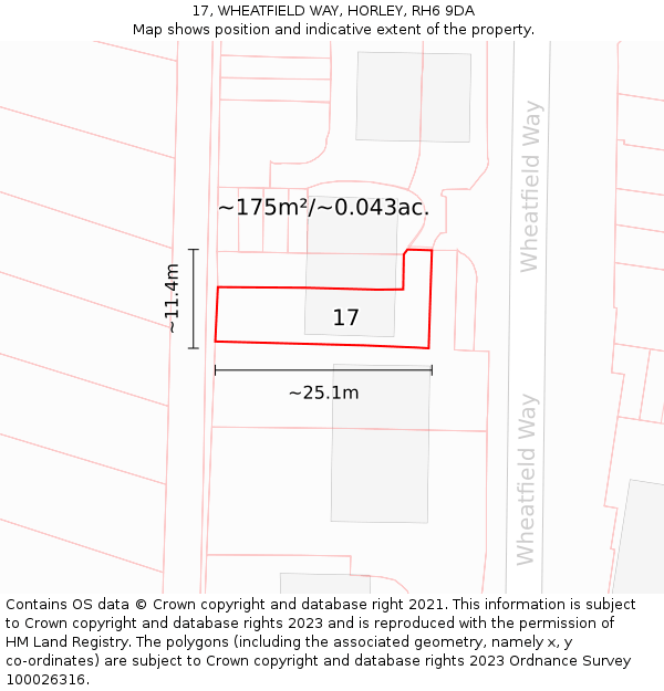 17, WHEATFIELD WAY, HORLEY, RH6 9DA: Plot and title map