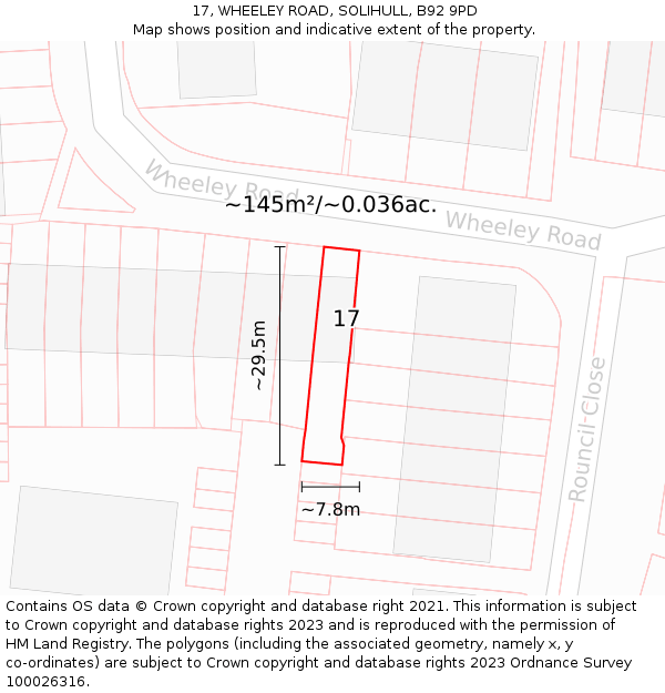 17, WHEELEY ROAD, SOLIHULL, B92 9PD: Plot and title map