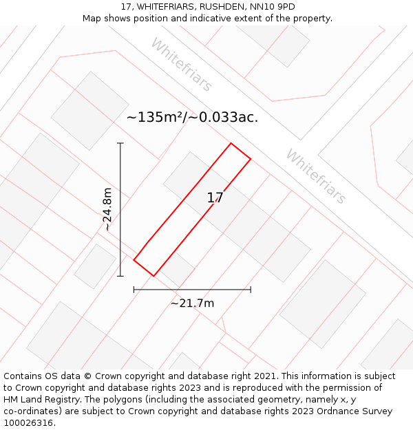 17, WHITEFRIARS, RUSHDEN, NN10 9PD: Plot and title map